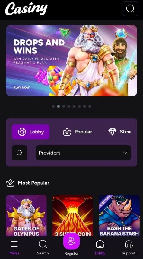 Visit the Casiny app lobby and spin the hottest slots with daily Drops and Wins prizes