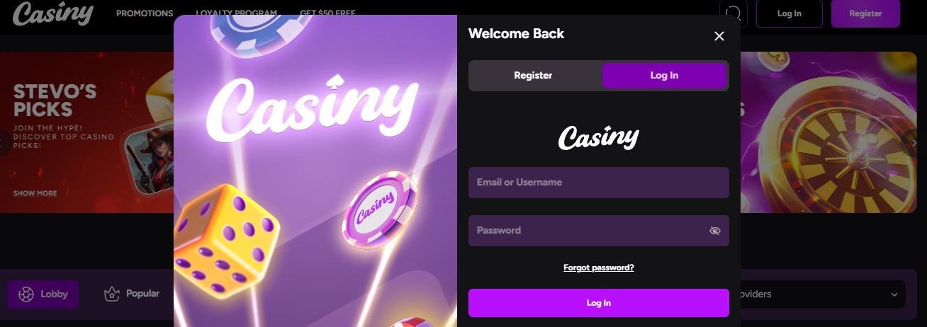 Log in to your Casiny account using email or username to access all casino features