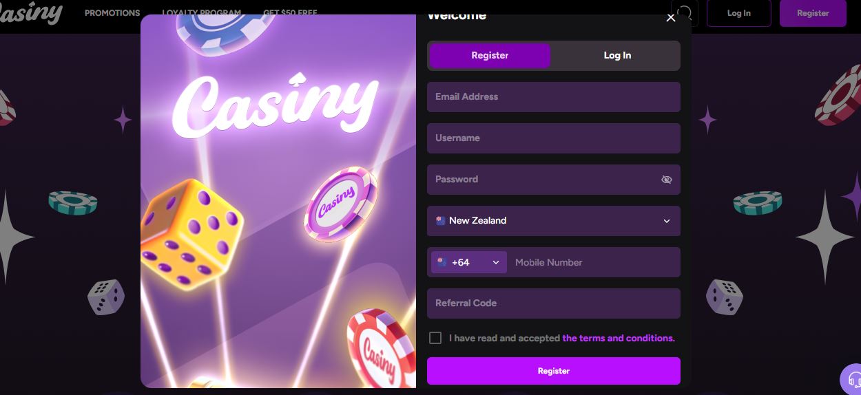Register a new Casiny account by entering your email, username and referral code to get started